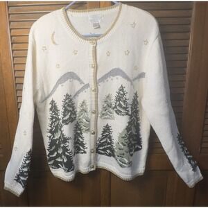Christopher & Banks Hand Embroidered Cardigan Sweater L Winter Trees Moon Stars